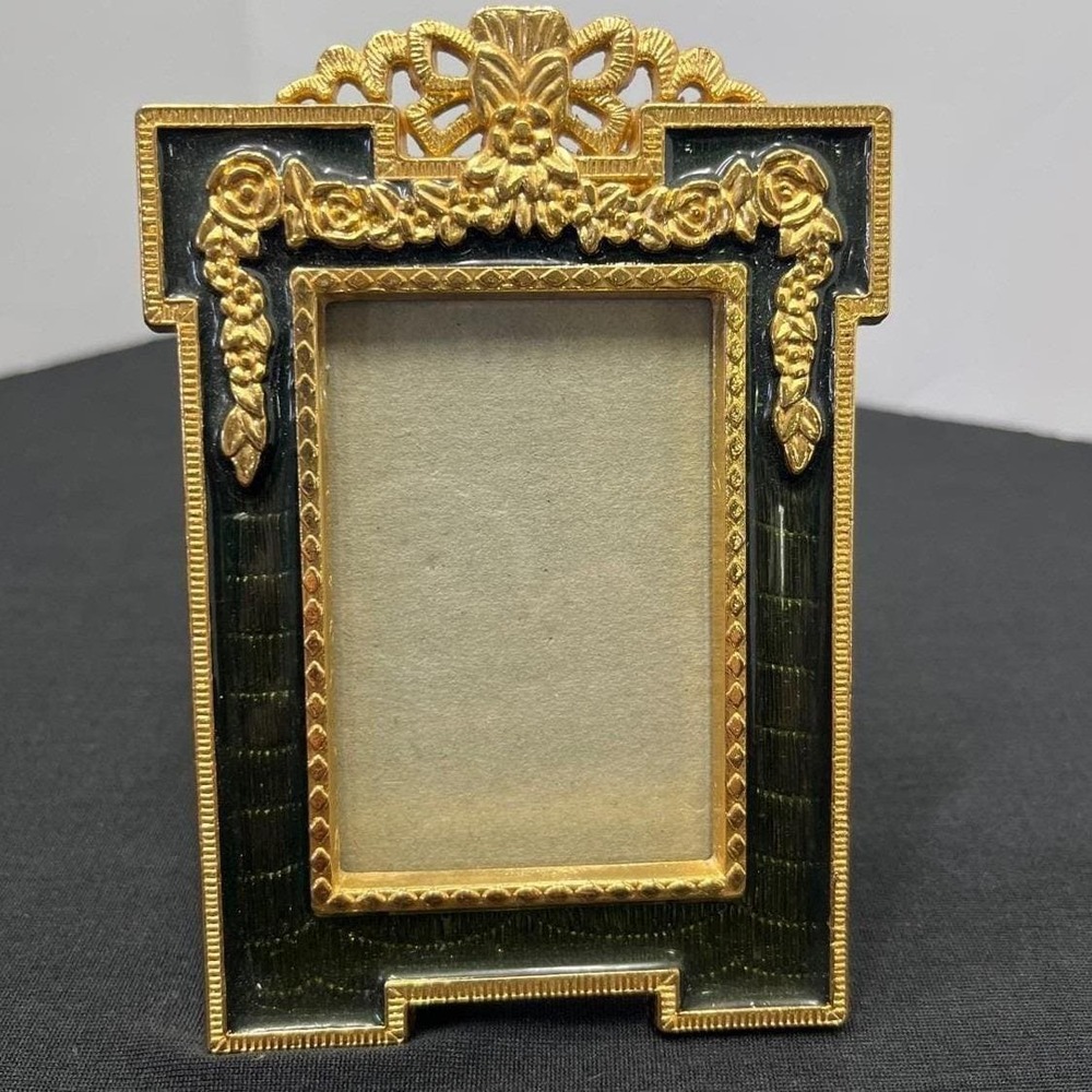 Vintage Gold Tone Ornate Miniature Picture Frame Green Enamel Bow Floral 2 X 3